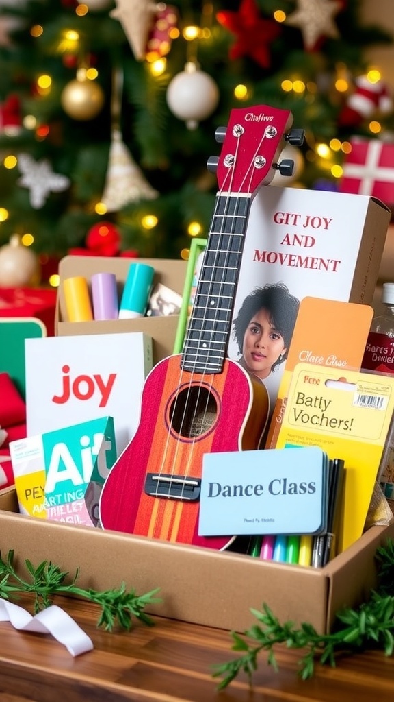 A collection of creative gifts for the 9th day of Christmas, including a ukulele, art supplies, and a dance class voucher, set against a festive backdrop.